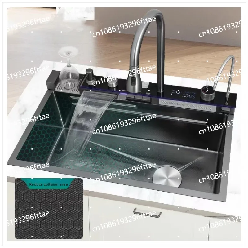 LED Digital Handmade Black White SUS 304 Stainless Steel Waterfall Smart Multi Function Kitchen Sink with Pulling Tap