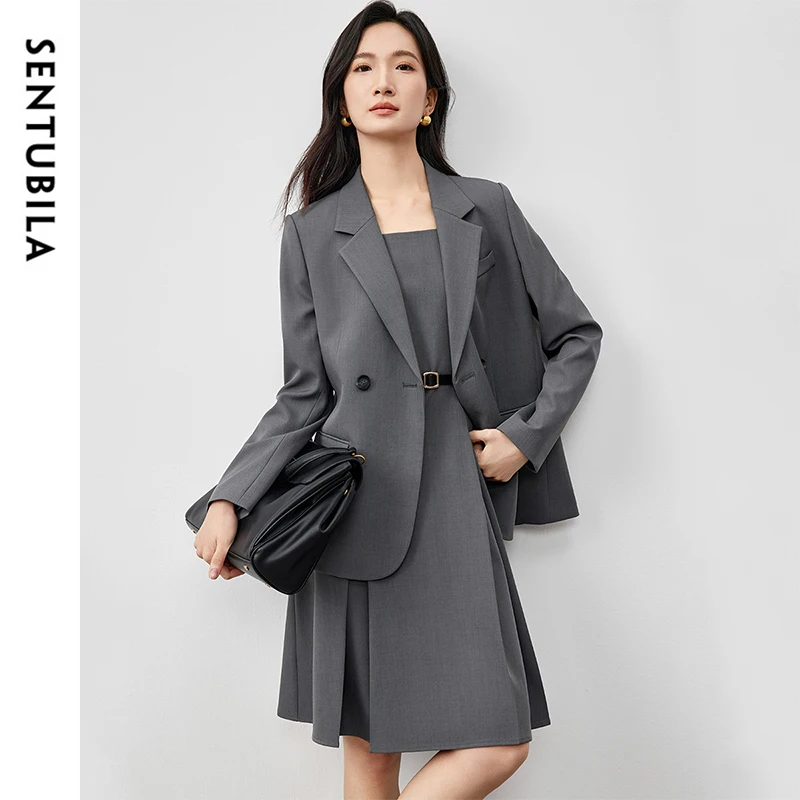 SENTUBILA Women's Dress Sets A-line Folds Sundres with Belt Loose Fit Casual Blazers 2 Piece Dresses Sets Outfits 151Z58673