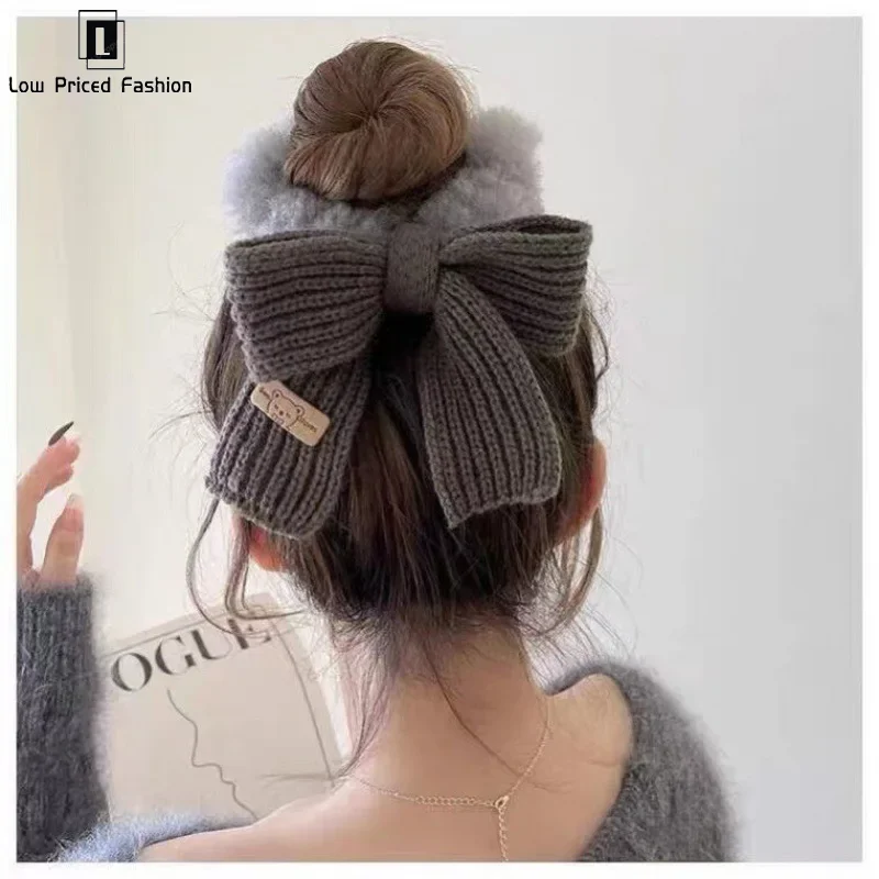 Autumn And Winter Gentle Knitted Wool Bow Hair Rope Girl's Sweet And Versatile Large Hair Ring Head Rope Hair Rubber Band