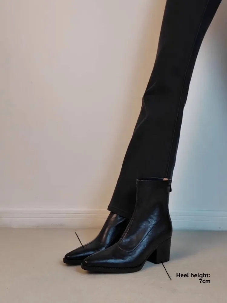 

Retro Leather Short Boots High Heel Chunky Heel Elastic Back Zipper Slimming Effect 7cm Heel Fashionable British Style Women'...