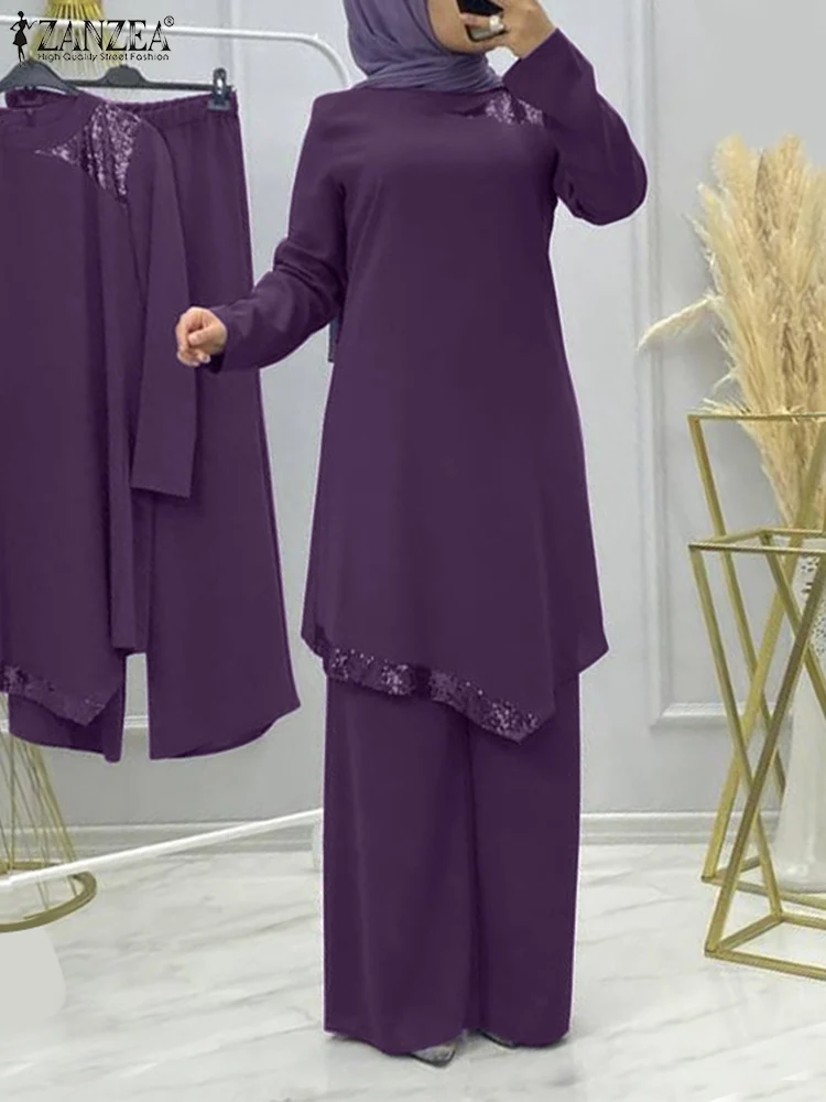 2023 ZANZEA Turkey Ramadan Muslim Set Women Fashion Long Sleeve Bead Splicing Blouse Wide Leg Pant Vintage Casual Elegant Suit