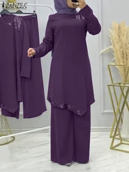 ZANZEA-Turquia Conjunto muçulmano Ramadã para mulheres, manga longa, blusa de emenda de talão, calças largas, terno elegante casual vintage, moda, 2023