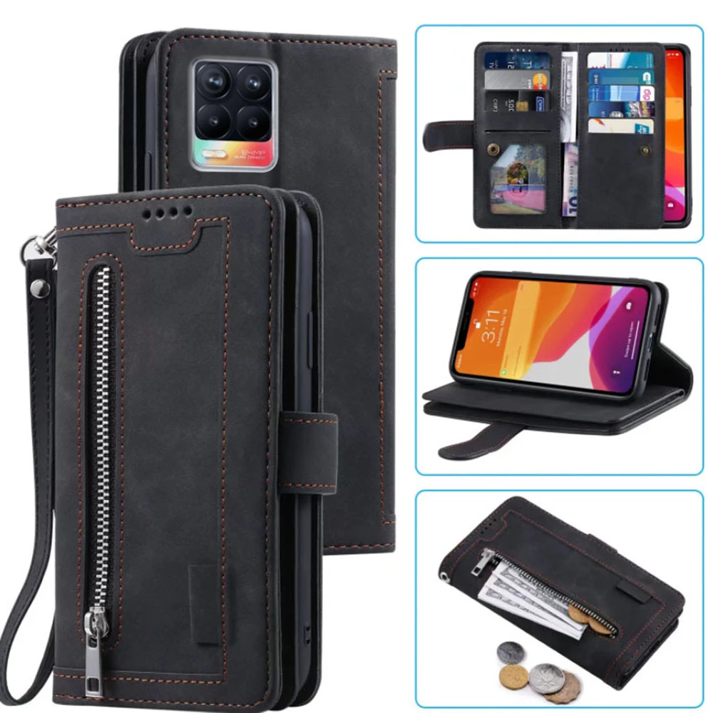 9 Cards Wallet Case for Realme 8 4G Case Card Slot Zipper Flip Folio with Wrist Strap Carnival for Realme 8 Pro Cover
