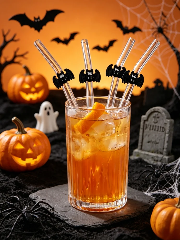 1/5PCS Halloween Glass Straw with Bat Decor, Spooky Table Ornament for Hot Cold Drinks & Themed Parties