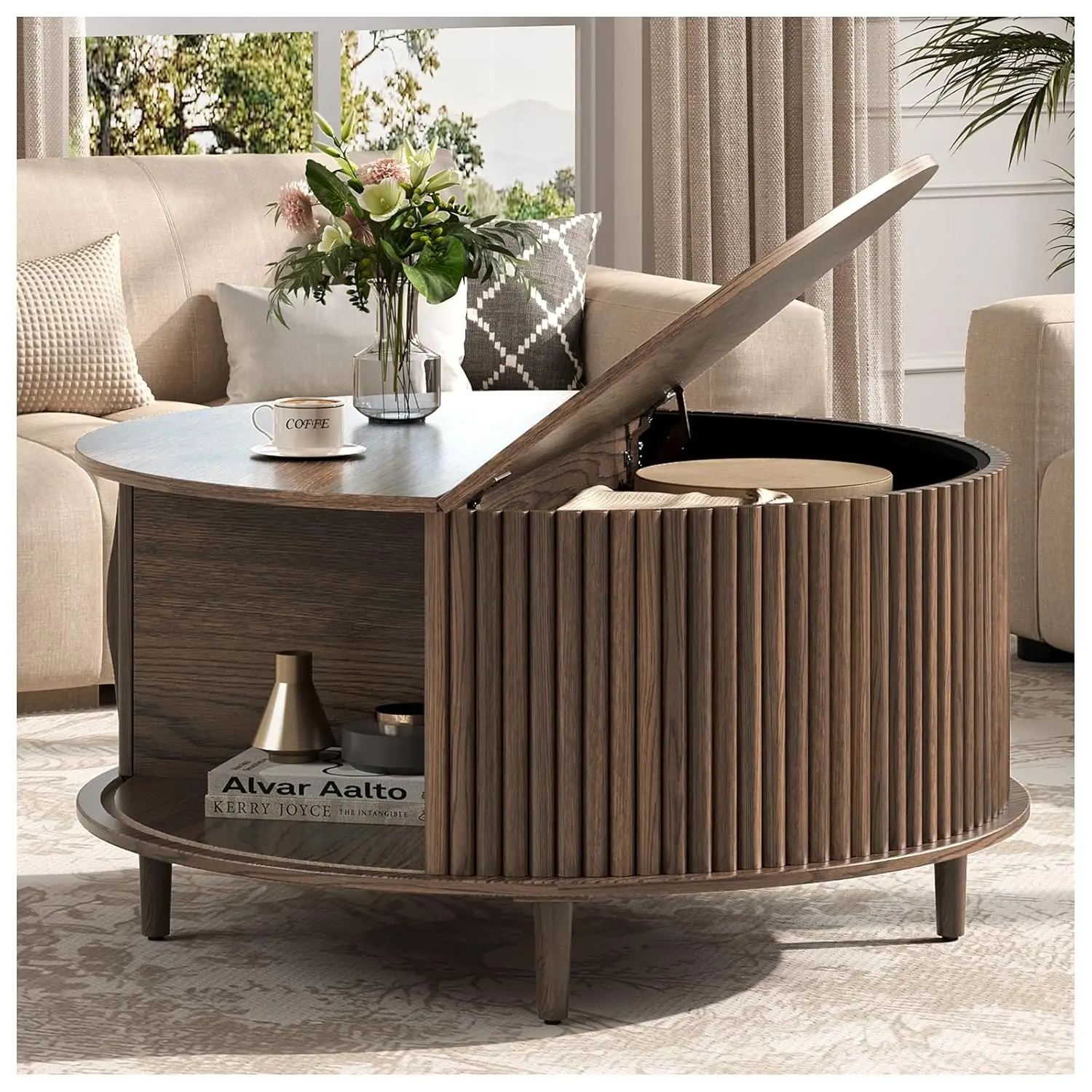 

Круглый журнальный столик с отсеком для хранения, журнальный столик в стиле середины века с раздвижной дверцей, рифленый центральный столик из массива дерева, на заказ