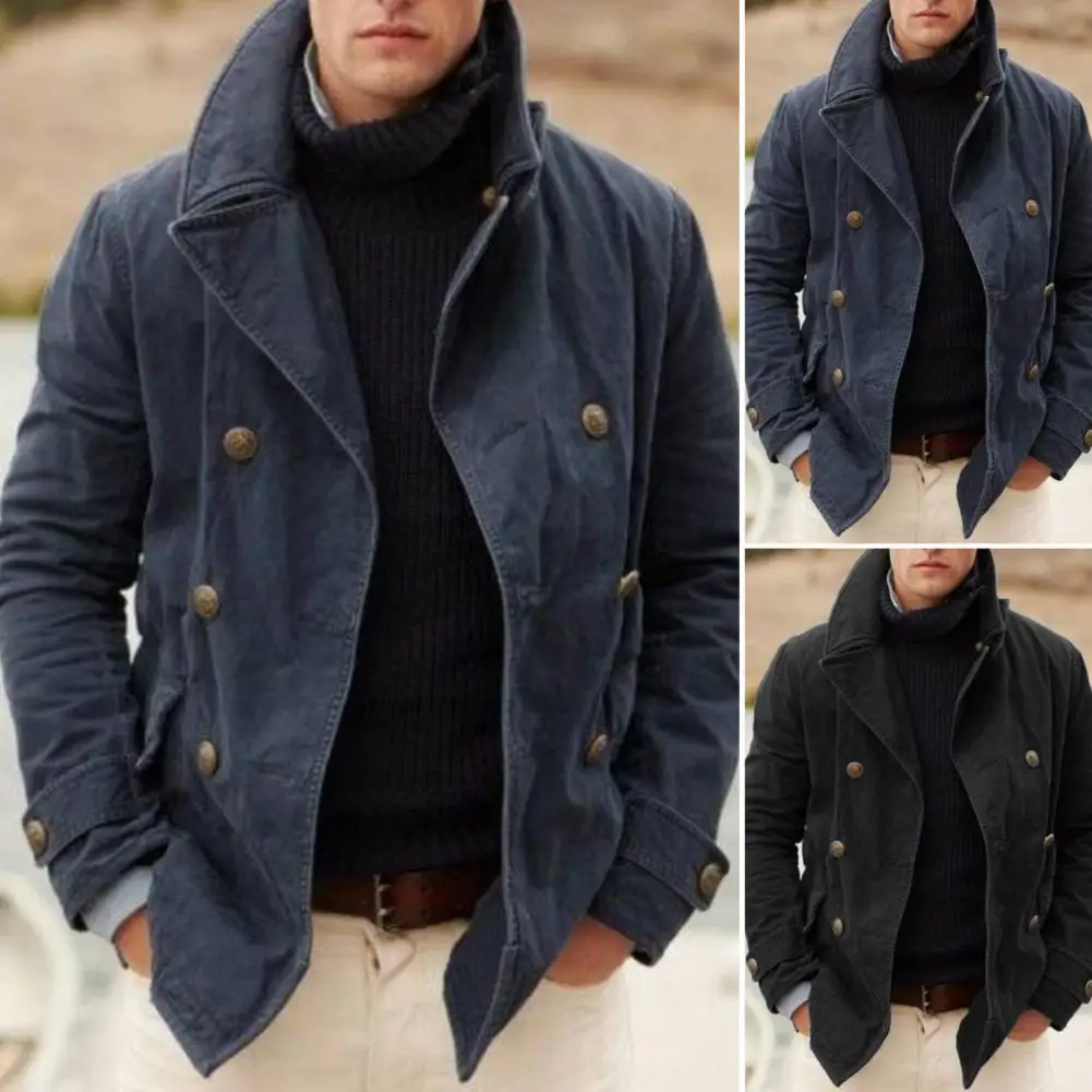 

Men Coat Cardigan Loose Fit Long Sleeve Turn-down Collar Double Breasted Keep Warm Autumn Winter Casual Male Jacket for Outdoor