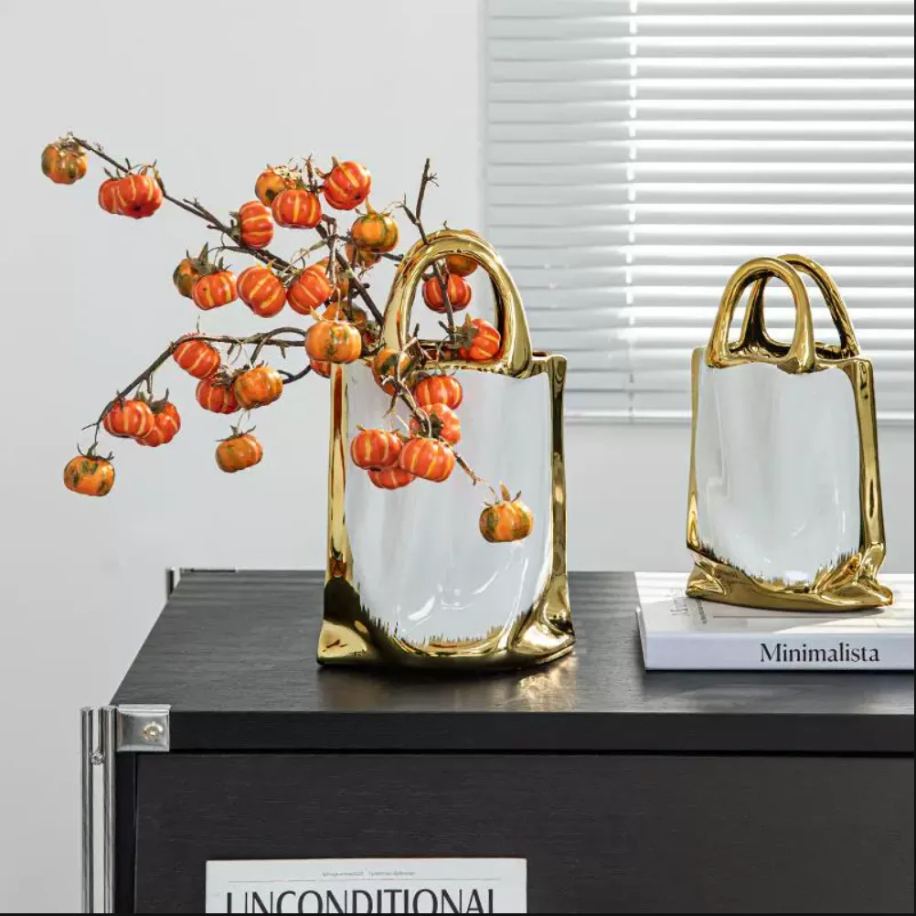 

Creative Handbag Shape Vase Gold-plated Ceramic Plant Pot Table Decoration Flower Arrangement Flowers Vases Room Aesthetic Decor