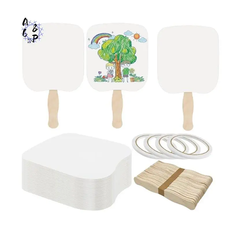 A68P-50 Set Church Fans Handheld Set, 50 Blank Cardstock Paper Fans With 50 Wavy Wooden Sticks, Paper Fan Handheld