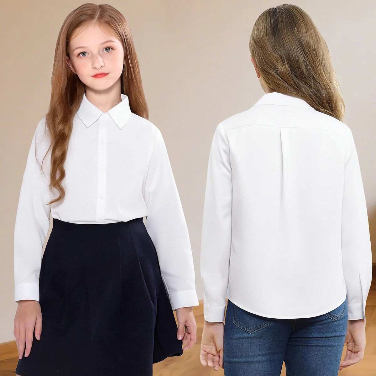 قميص أبيض للأطفال البنات مدرسة التخرج عيد ميلاد الزفاف ملابس علوية يومية غير رسمية نمط جديد ملابس طويلة الأكمام 8 إلى 14 سنة