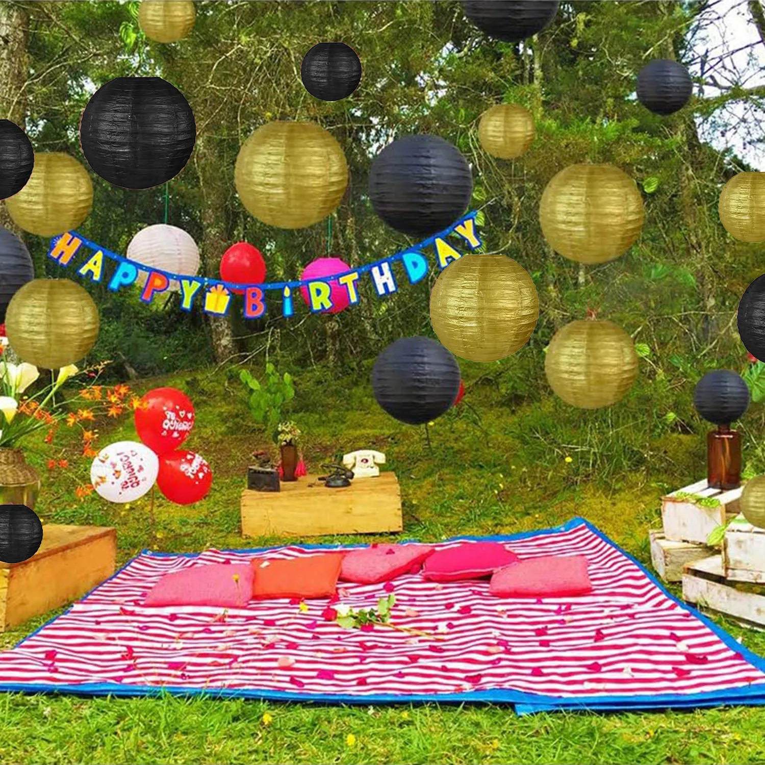 Schwarzgold-weiße runde Papierlaternen, dekorative hängende chinesische japanische Papierlaternen, Lampe für Jahrestag, Geburtstag, Hochzeit – Detail 35