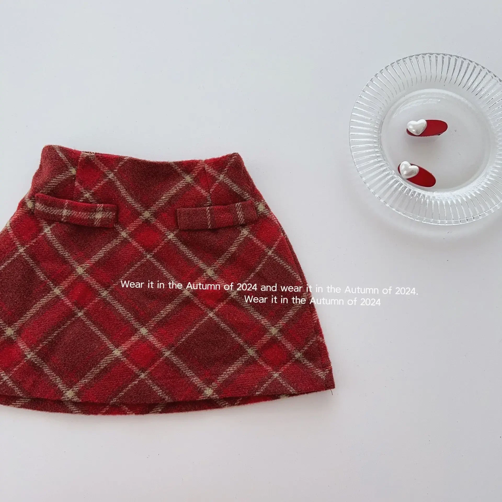 Girl Skirt 2024 Autumn New Girls Woolen Skirt Korean Style Fashion Plaid Red Black Brown Baby Short Plaid Skirt Culottes Bottom