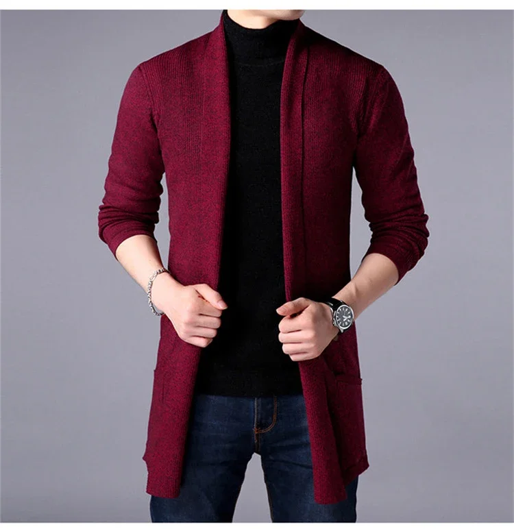 Men\'s Thin Long Style Cardigan Spring and Autumn X-long Knit Sweater Jackets Solid Color Sweatercoat