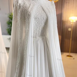 Arabisch-Tuy-Ciynsia Line Perlen-Brautkleider, Chiffon-Hochzeitskleid mit Cover, lange Ärmel, Luxus, 2024 11 Hauptverkaufskleid für Verlobungschiffon - №12