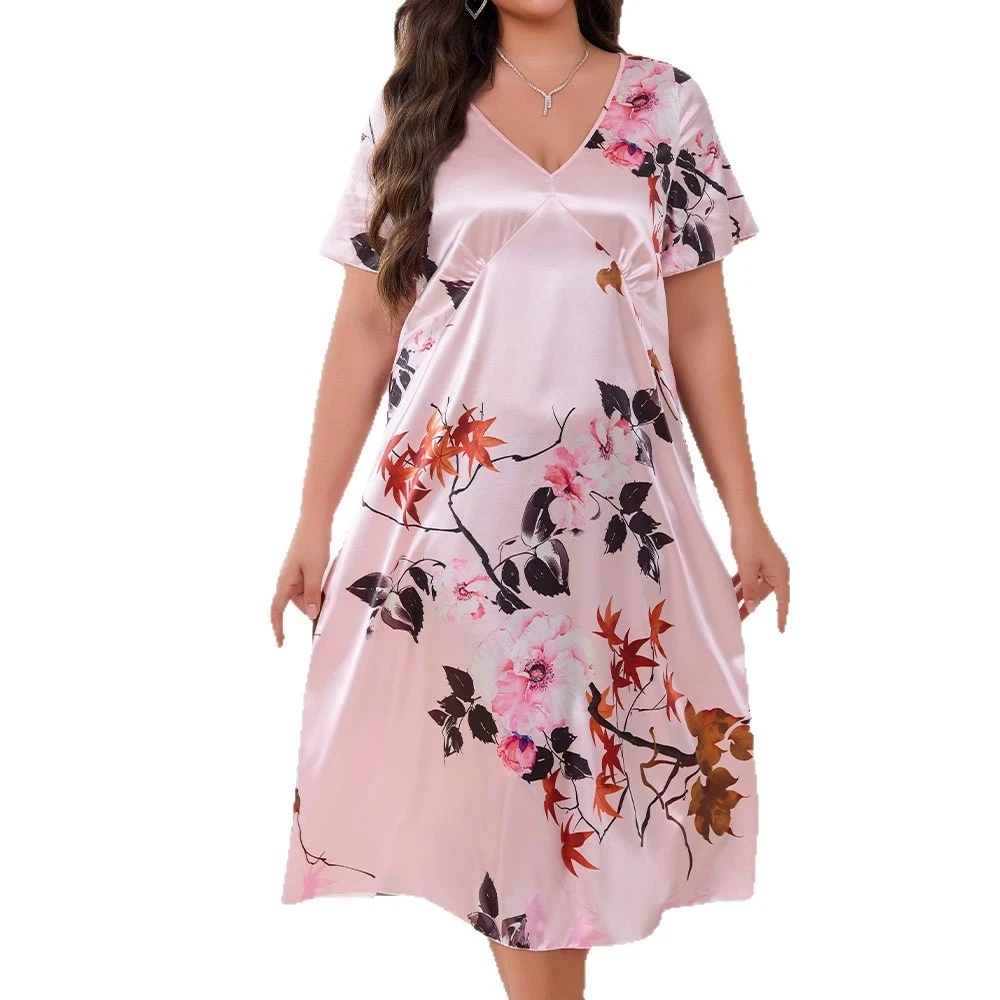 

Female Plus Size 5XL Short Sleeve Pajamas Long Nightgown V-Neck Nightdress Flower Maple Leaf Print Sleepwear For Women Summer