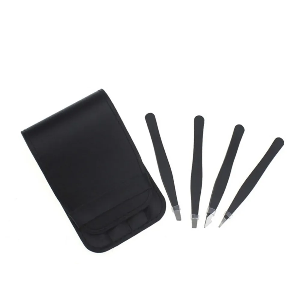 Eyebrow Tweezer Set 4 Piece Stainless Steel Slant Flat Angled Pointed Tips Precision Hair Removal Tool Black