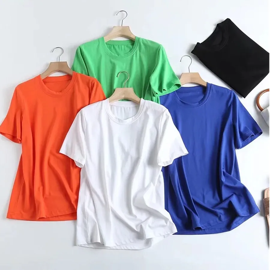 

Withered England Style High Street Multi Colorful O-neck Loose Solid Pure Cotton Summer T shirts Women Casual Tops