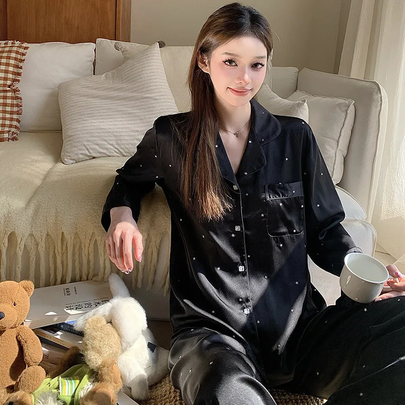 

2025 Spring New Women's Ice Silk Senior Sense Pajamas Homewear Set Girls Long-Sleeved Thin Section Summer Pajamas Homewear Set