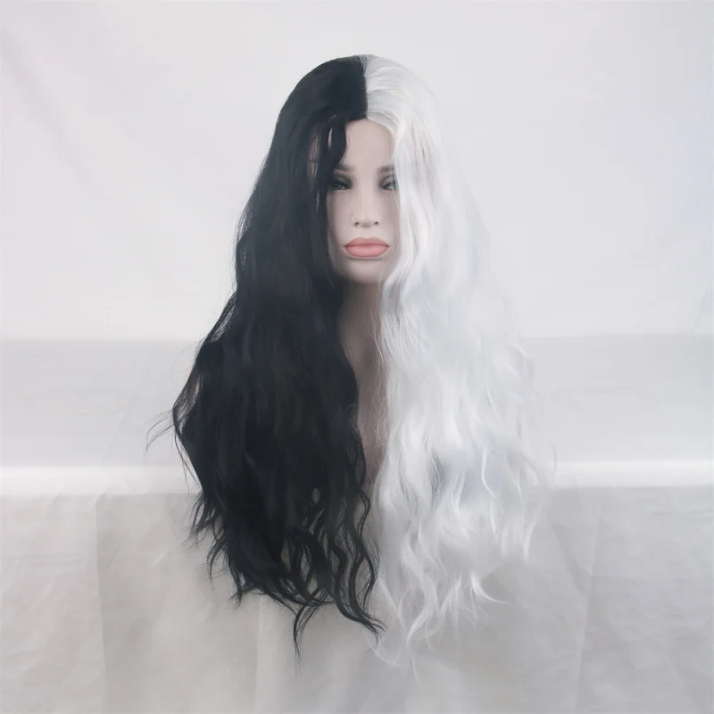 

Парик из длинных вьющихся волос в европейском и американском стиле со средним пробором, черно-белый цветной блок, полный парик, большие волны, высокая температура