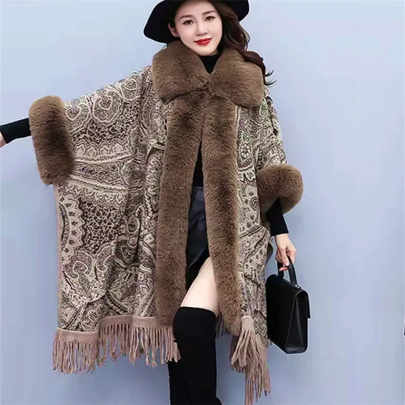 Wool Coat Women Autumn Winter Fur Poncho Capes New Warm Women Cloak Big Fur Color Loose Tassel Capes Ladies Cloak Cardigan Coat