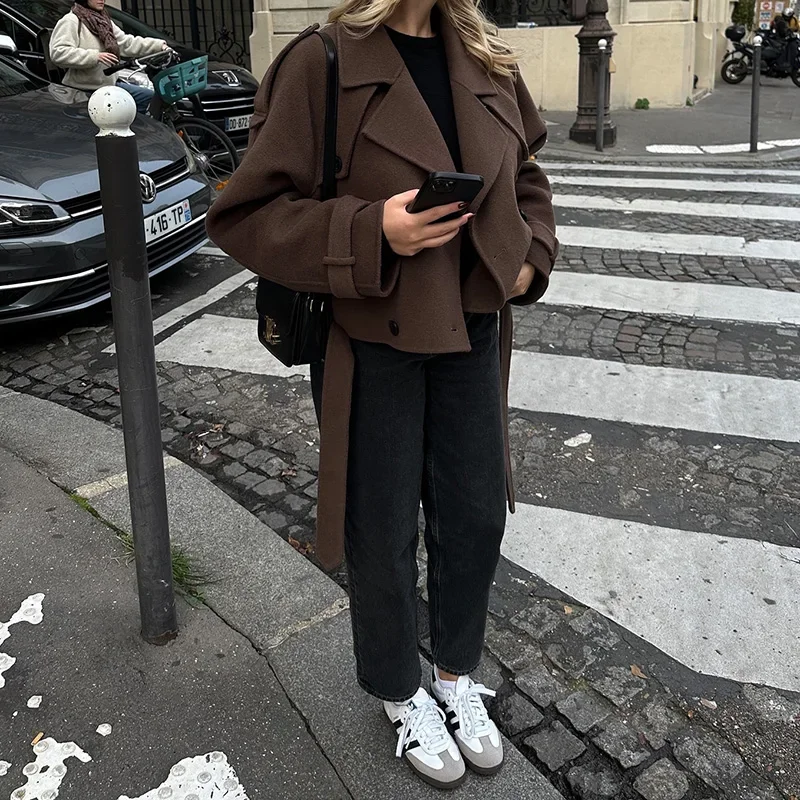 Autumn Brown Retro Woolen Coat Turn-down Collar Casual Jacket New Fashion Slim Fit Woolen Coat 2024 High Street Lady Outerwear