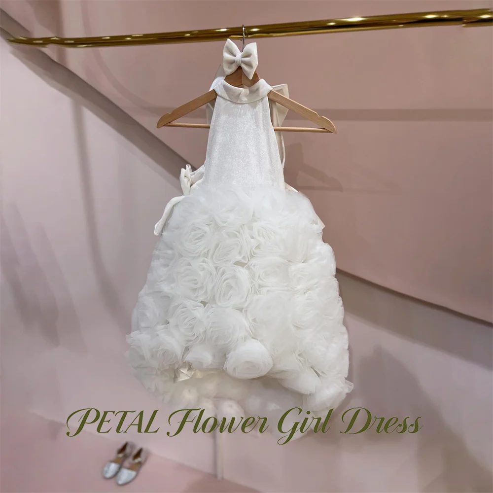 Petal Cream White First Communion Gown with 3D Floral Halter Neck Girls Princess Dress Luxury Evening Party Dress for Girls