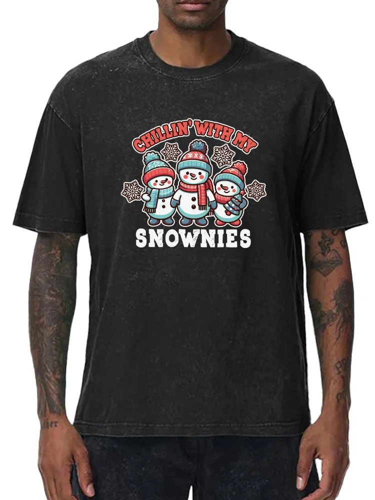 

Snowman Family 230g Heavy Cotton Washed Oversized T-Shirt for Men Christmas Graphic Tee Retro Casual Top