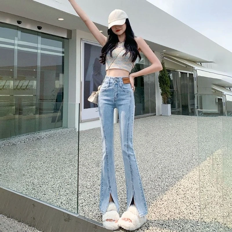 2026 New Women High Waist Flare Jeans Vintage Slim Stretch Denim Pants Split Hem Bootcut Trousers for Petite