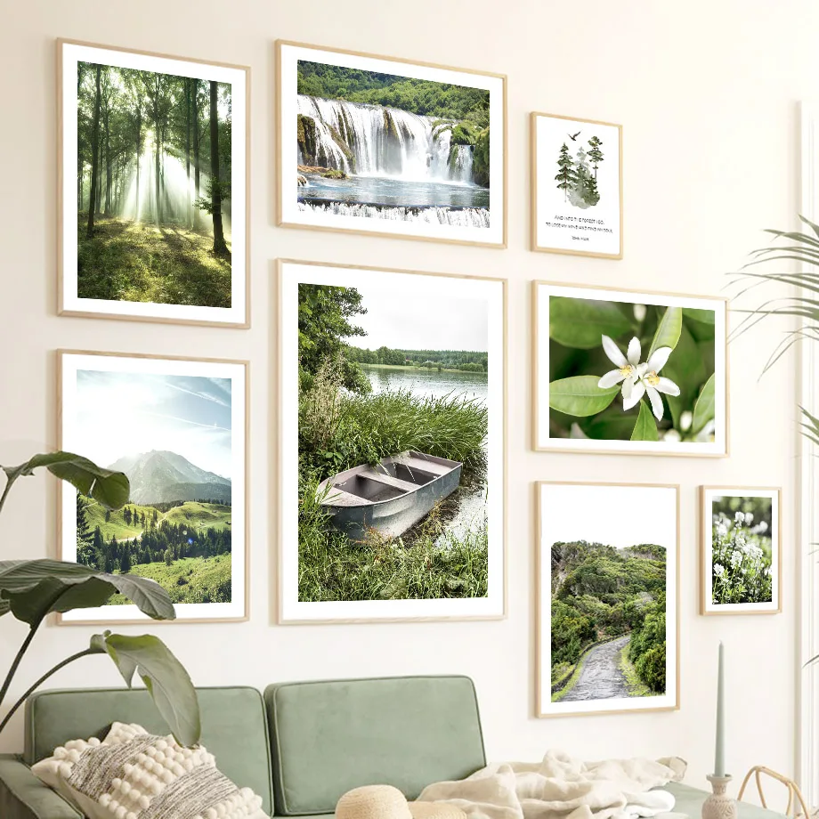 Green Leaf Boat Flower Forest Mountain Waterfall Posters And Prints Canvas Painting Wall Art Pictures For Living Room Decor