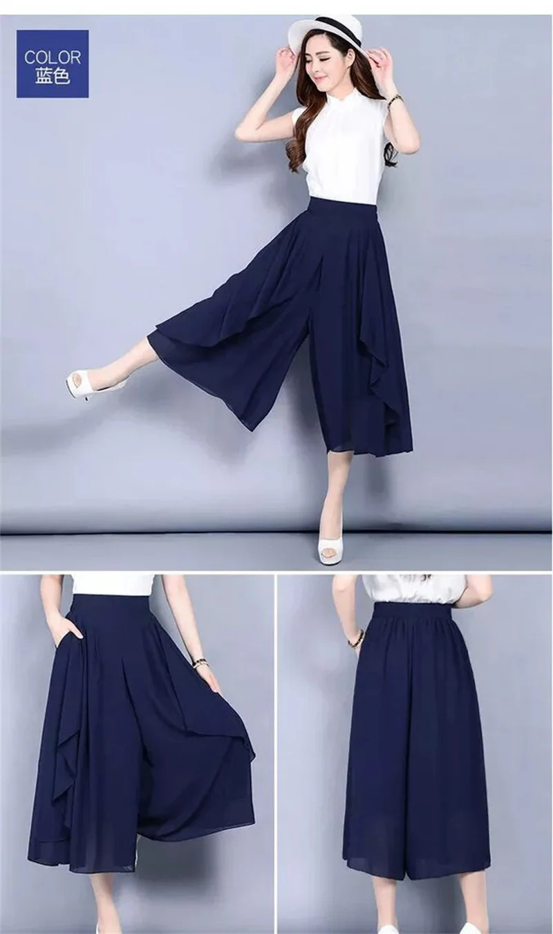 Women Chiffon Wide Leg Pants Spring Summer Thin Elastic Waist Loose All-match Lady Calf-Length Pants Fashion Skirts Pants 4XL