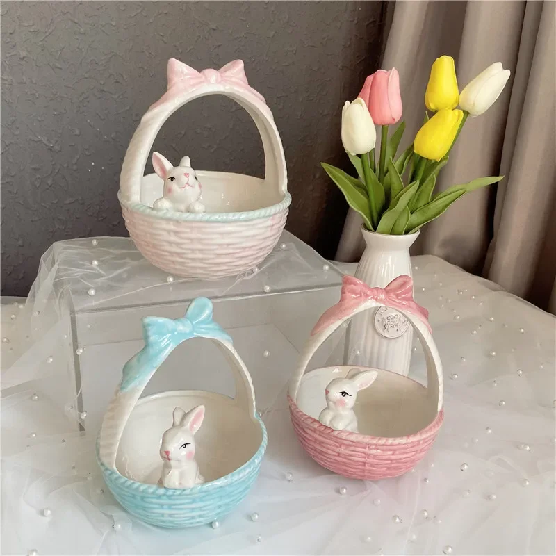 Cute Ceramic Rabbit Shaped Basket Ins Wind Bow Makaron Fairy Exclusive Storage Basket Home Furnishing Living Room Ornaments Gift