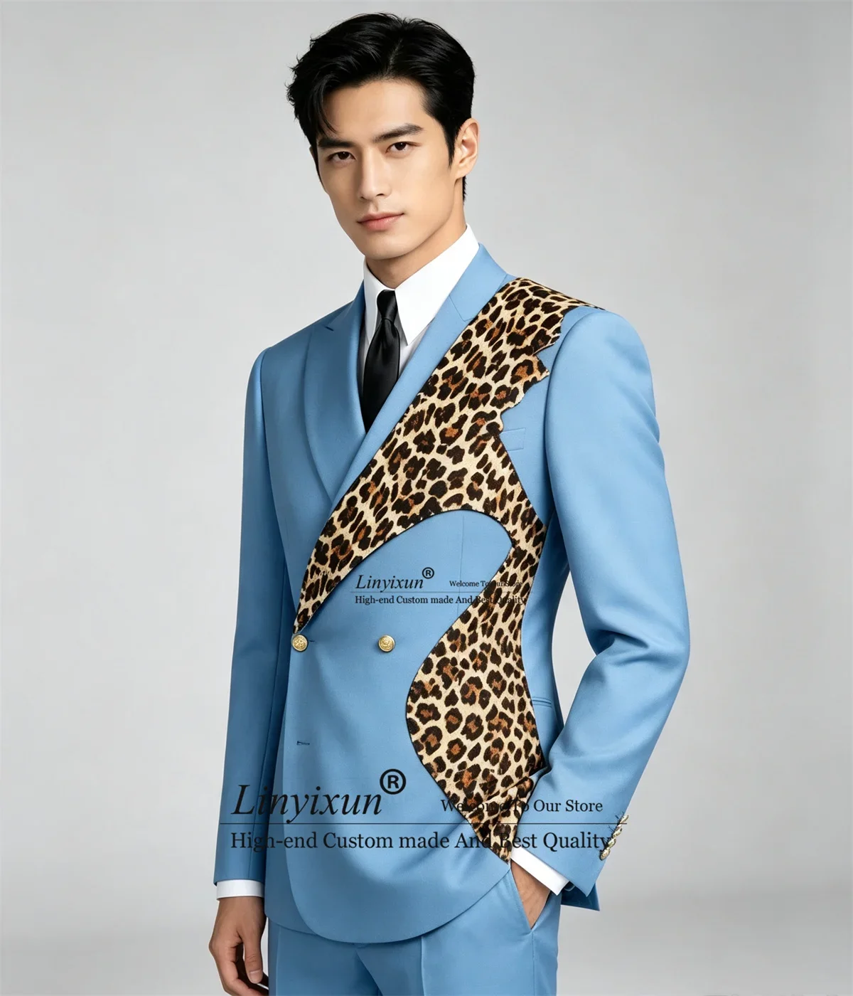 High End Leopard Print Men Suits Customized Double Breasted Costume Homme Wedding Man Tuxedos 2 Pieces Sets Male Party Blazers