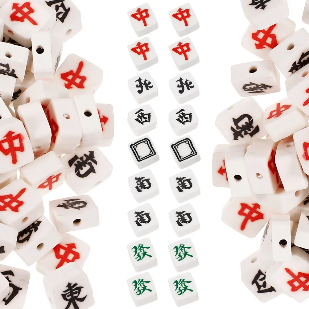 50 peças de Contas de Argila Polimérica Chinesas Únicas, Formato de Peça de Mahjong, Planas, para Fabricação de Joias DIY (Pulseiras e Colares)