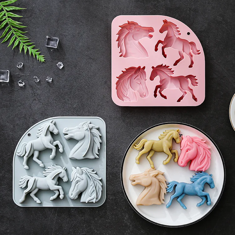 

4-hole 3d Horse Theme Silicone Mold 3d Zodiac Horse Head Plaster Resin Mold Pony Fondant Candy Chocolate Mould Cake Decoration