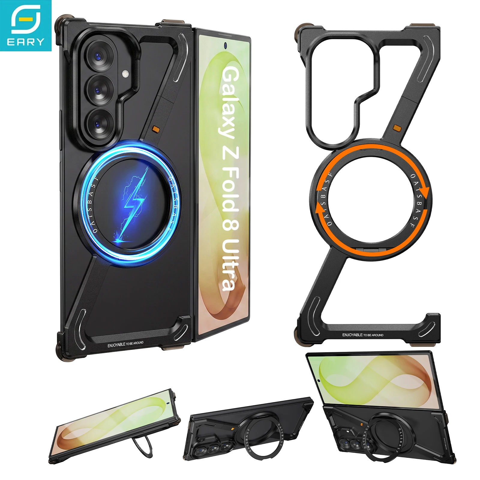 Eary Magnetic Case for Samsung Galaxy Z Fold 8 Ultra Metal Bumper 360° Rotatable Kickstand Frameless Drop Protection Phone Cover