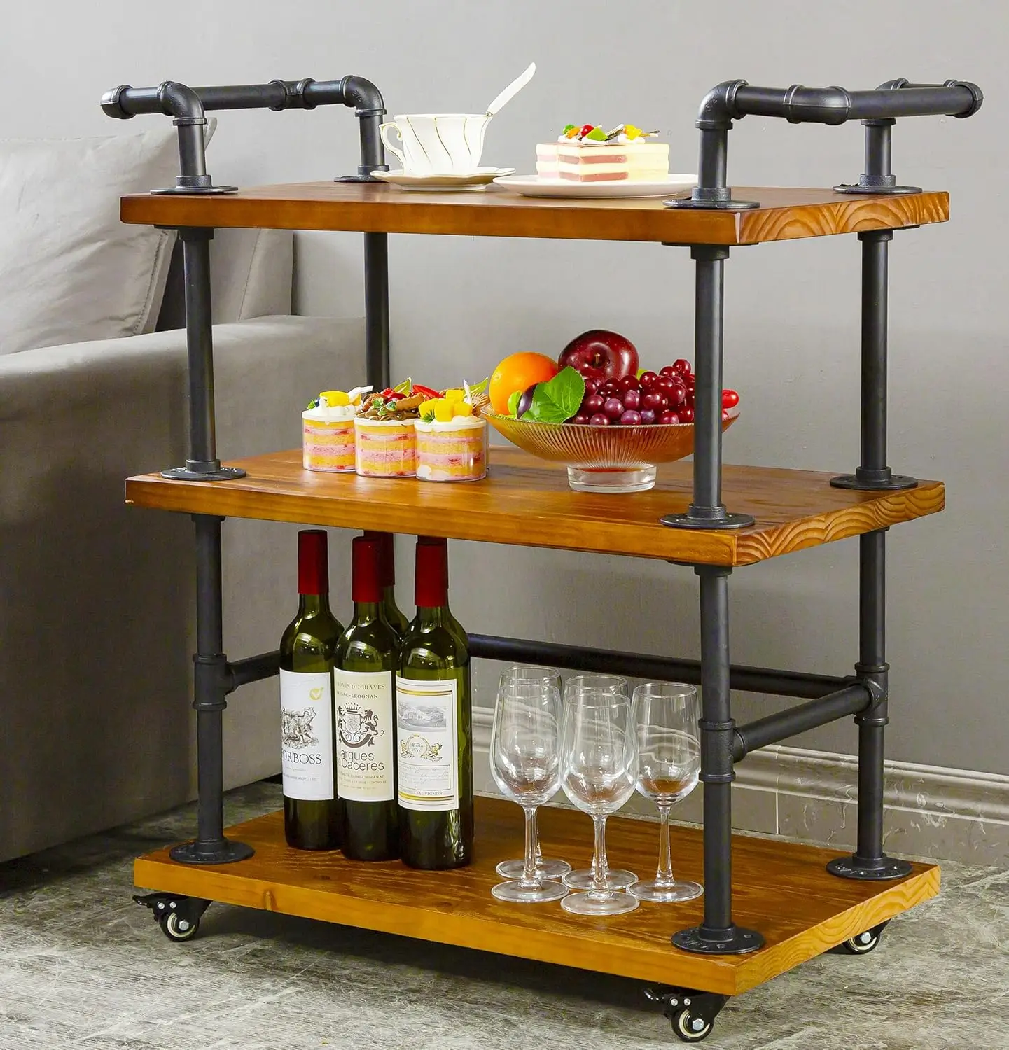 

Industrial Pipe Bar Cart on Wheels, 3-Tier Wood Rolling Cart with Shelves for Kitchen, Wine, Home Storage