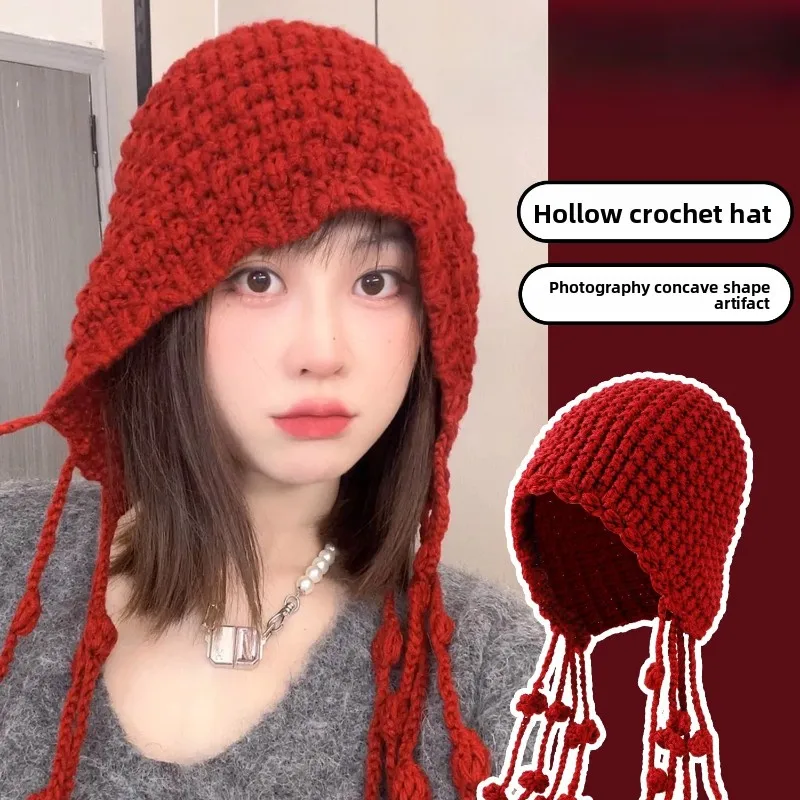 

Red Hollow Hook Flower Knitted Hat for Women New Fashion All-match Tassel Cold Hat for Baotou Hats