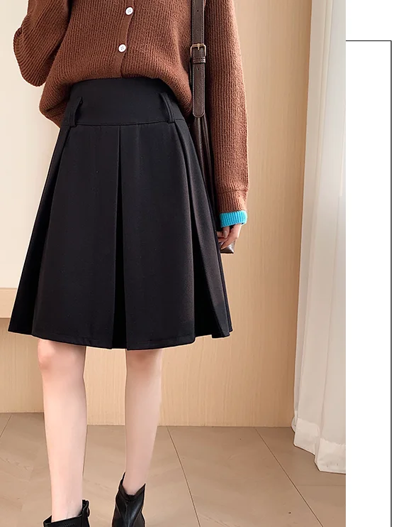 

Slimming Mid-Length A-Line Skirt in Deep Grey with Pleats And Drape Autumn Winter New Style Retro College Style Women's plus ...