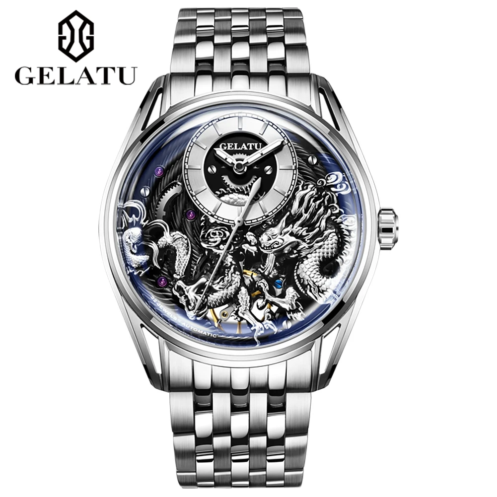 GELATU 6018 Hollow Dragon Mechanical Watch For Men Luxury Deep Waterproof Business Hand Clock Synthetic Sapphire Mirror Watches