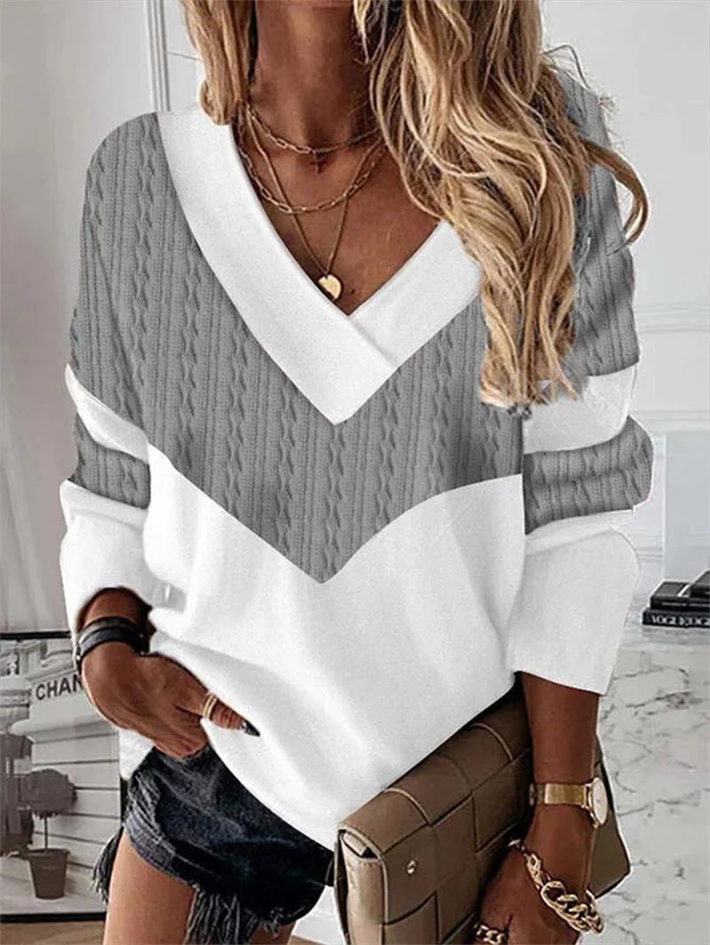Women's Splicing V Neck Casual T-Shirt Elegant Long Sleeve Pullover Tees Female Autumn Fashion Street Digital Print Daily Tops