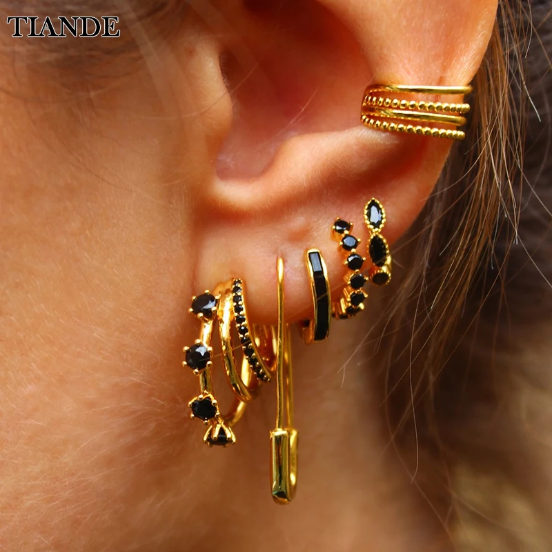 TIANDE Black CZ Zircon Women\'s Earrings Set Fashion Copper Gold Color Hoop Drop Earrings for Women 2023 Jewelry Wholesale