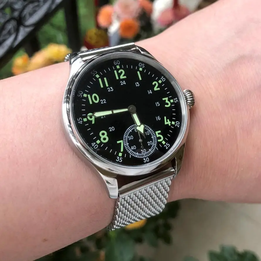 

41mm NO LOGO Sapphire Crystal Or Mineral Glass Black Luminous Dial Asian ETA6498 Mechanical Movement Pilot Men's Watch