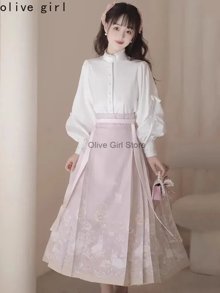 Hanfu Horse-face Skirt Set Cheongsam Floral Long Sleeve Tops and Skirt Chinese Pink Gentleness Women Vintage Dress Sweet Elegant