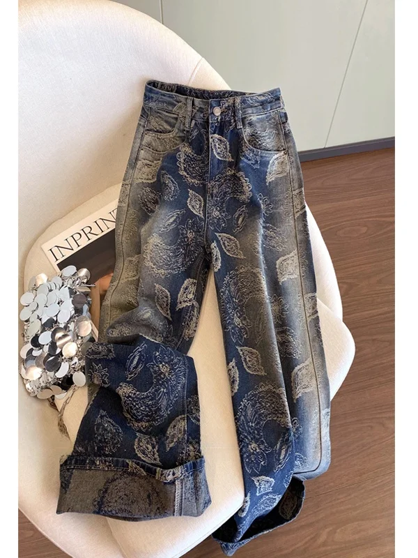 

Blue Wide Leg Denim Jeans Women's Spring New Sle Worn Straight Leg Trousers Patchwork High Waist Zipper Closure Comfortable...