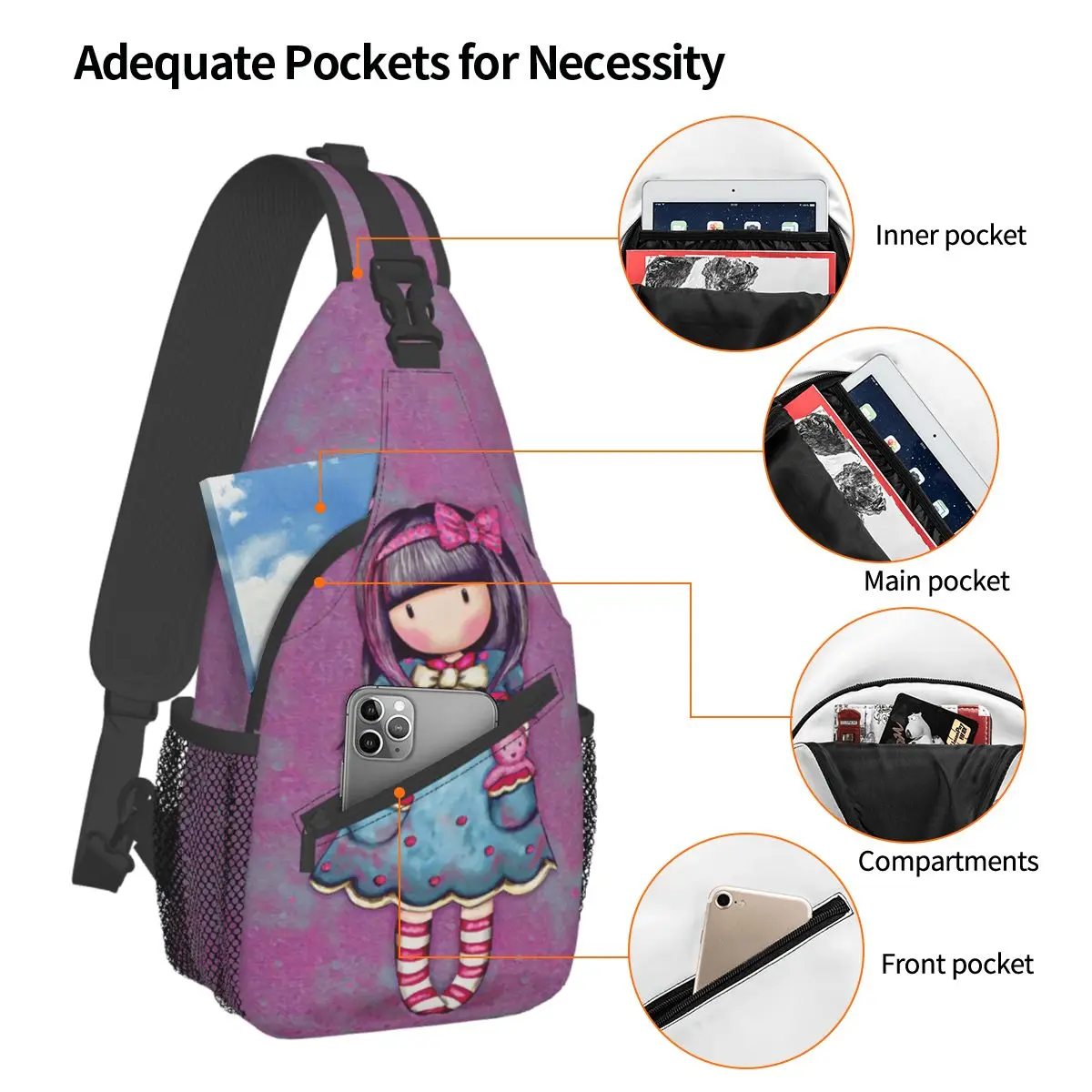 Santoro Gorjuss Doll Crossbody Sling Bag Small Chest Bag Art Cartoon Shoulder Backpack Daypack for Hiking Outdoor Camping Bag