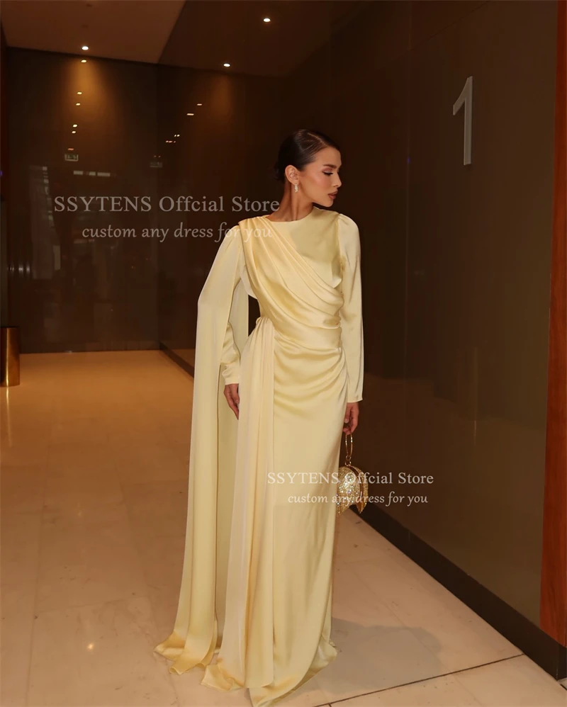 SSYTENS 우아한 노란색 새틴 이브닝 드레스 긴 소매 공식 행사 드레스 결혼식 사우디 아라비아 파티 파티 가운 맞춤형