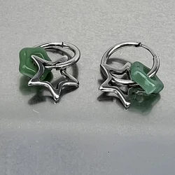 Personality Pentagonal Star Drop Dangle Earrings for Women Girl Vintage Charm Green Opal Hoop Earring Hip Hop Rock Jewelry Gift