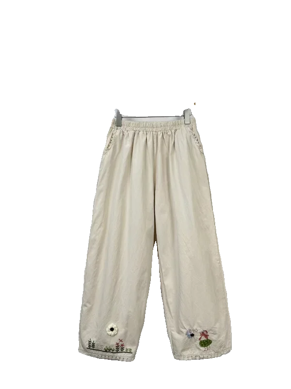 Retro haftowane spodnie typu harlan z koronkowym wykończeniem, luźne, z elastyczną talią, proste, długość 7/8, bawełniane, słodkie, idealne na wiosnę.