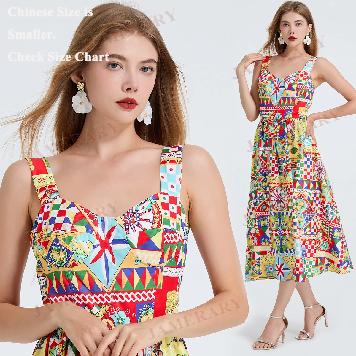 Palace Baroque Summer Print Long Dresses Women Strap Floral Sundress Lemond Beach Midi Dress Lady Elastic Elegant Vestidos