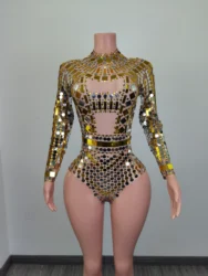 Sparkle Gold Sequins Crystals Diamond Jumpsuits Women One Piece Long Sleeved Leotards Club Party Wear Dance Stage Show Costumes