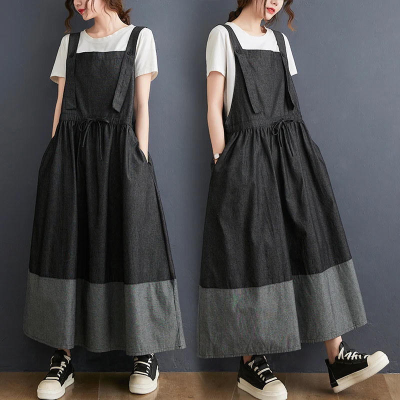 

Plus Size Retro Denim Color Blo ter Dr Waist Cinched Maxi Skirt A-Line Summer New Arrival Women's plus Size Clothing